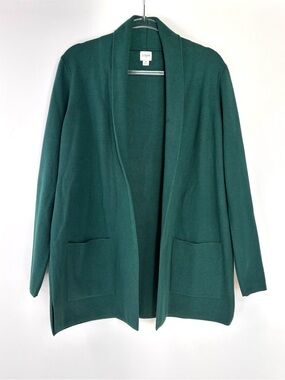 J. Crew Dark Jade Green‎ Classic Open-Front Cotton Knit Pocket Cardigan Medium